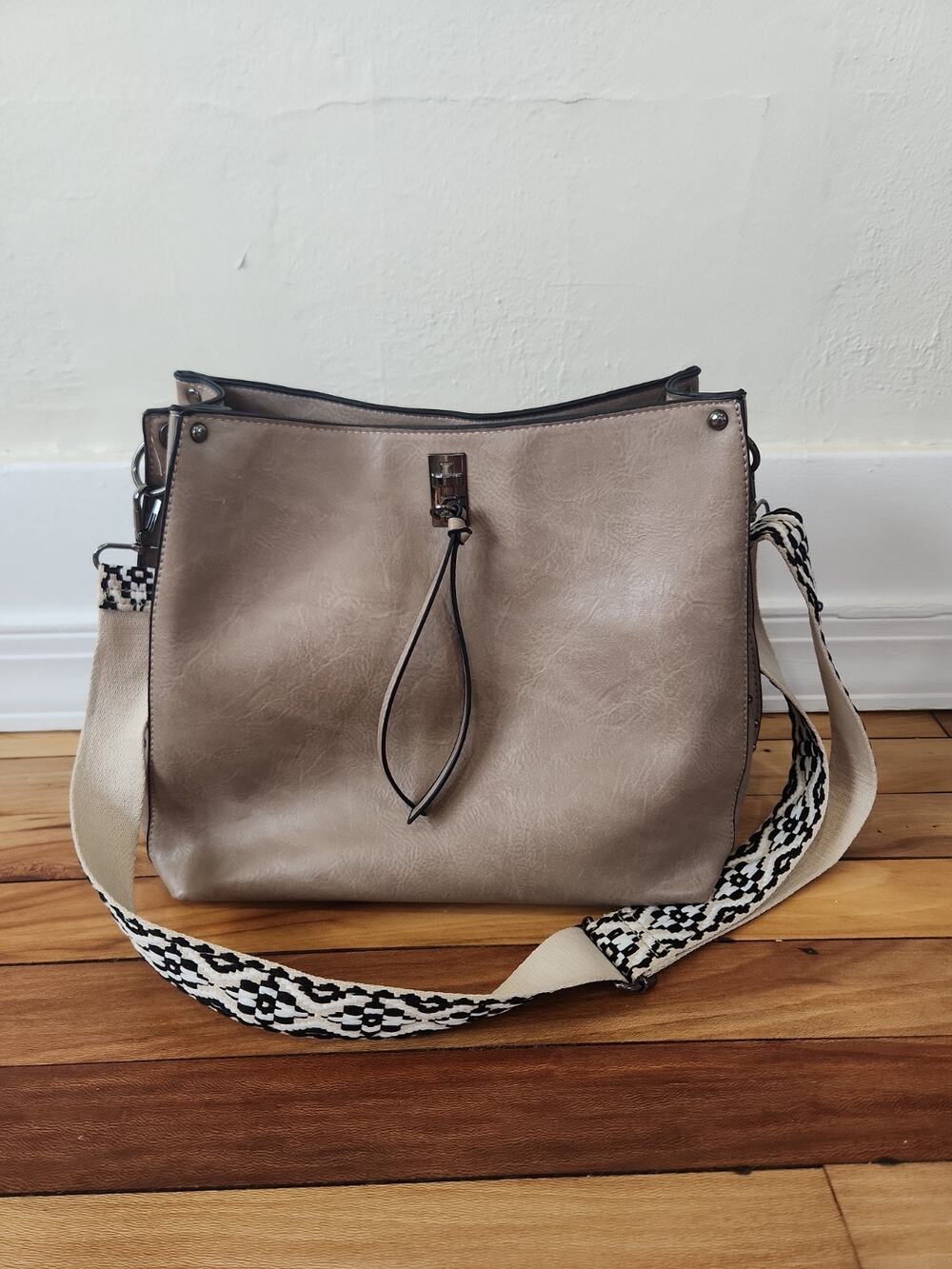 Sam & Hadley Shoulder Bag Macrame Strap Beige Vegan Leather Hobo Studded